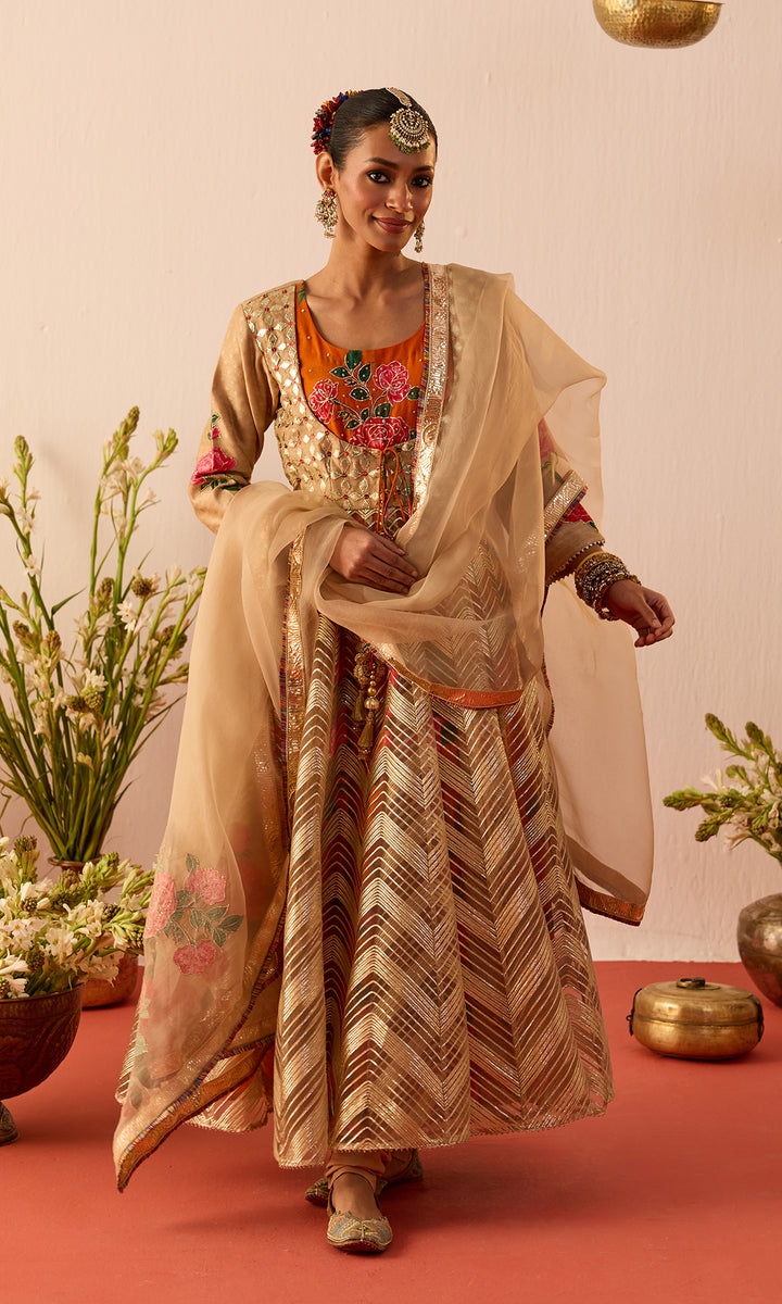 Setareh Set- Orange and Gold Gota Anarkali with Churidar and Dupatta (set of 3)