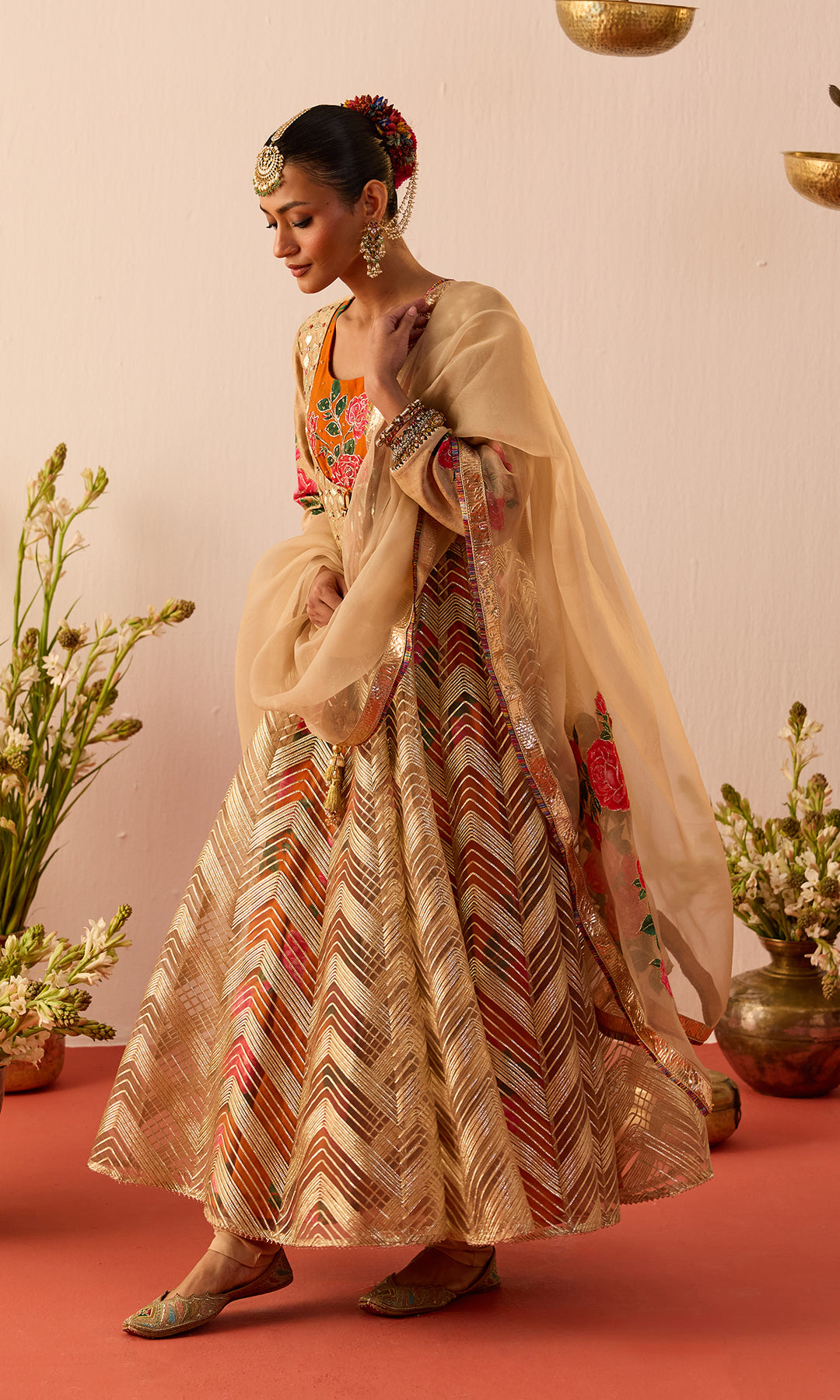 Setareh Set- Orange and Gold Gota Anarkali with Churidar and Dupatta (set of 3)