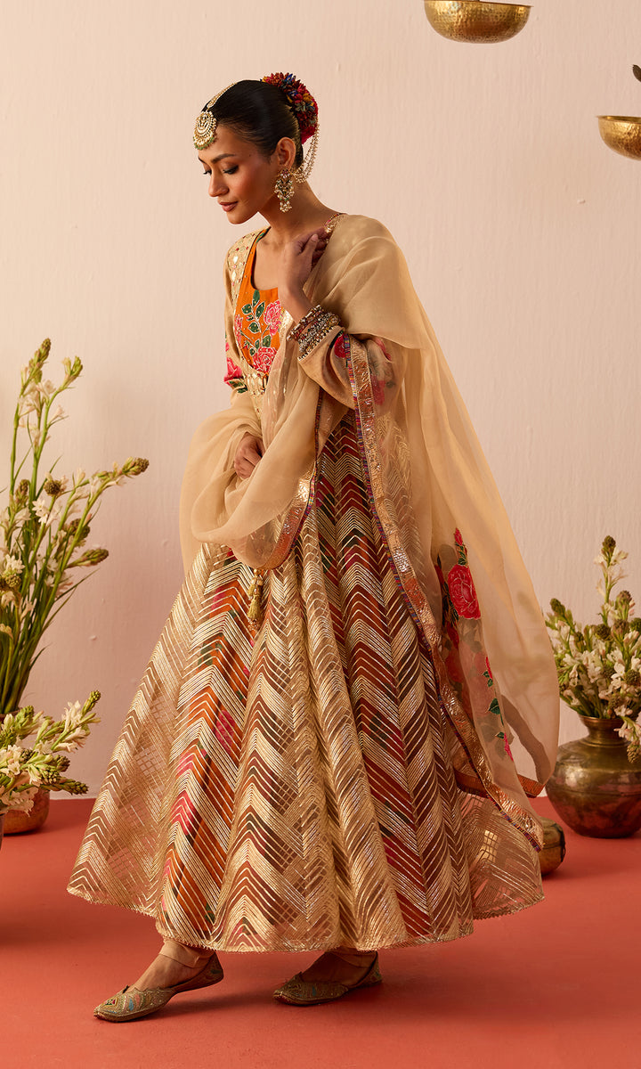 Setareh Set- Orange and Gold Gota Anarkali with Churidar and Dupatta (set of 3)