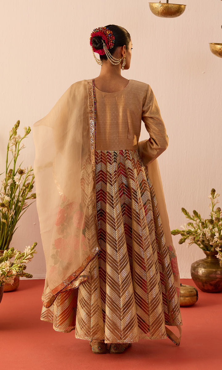 Setareh Set- Orange and Gold Gota Anarkali with Churidar and Dupatta (set of 3)