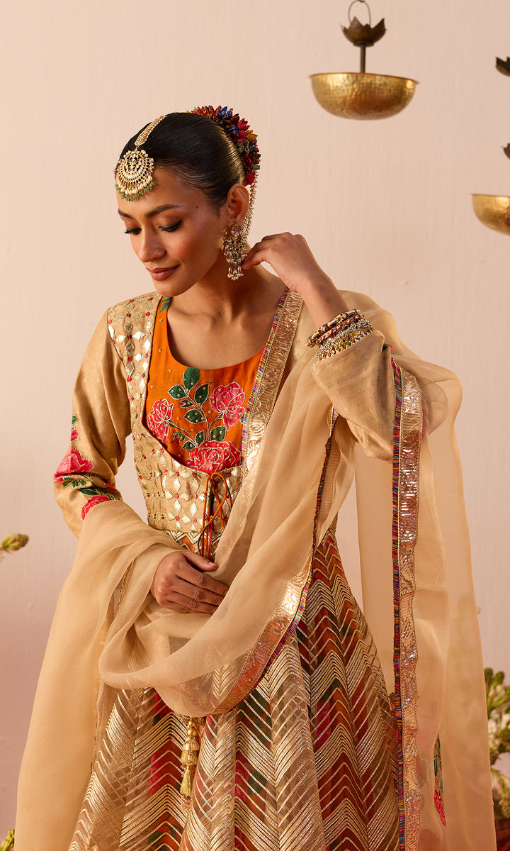 Setareh Set- Orange and Gold Gota Anarkali with Churidar and Dupatta (set of 3)