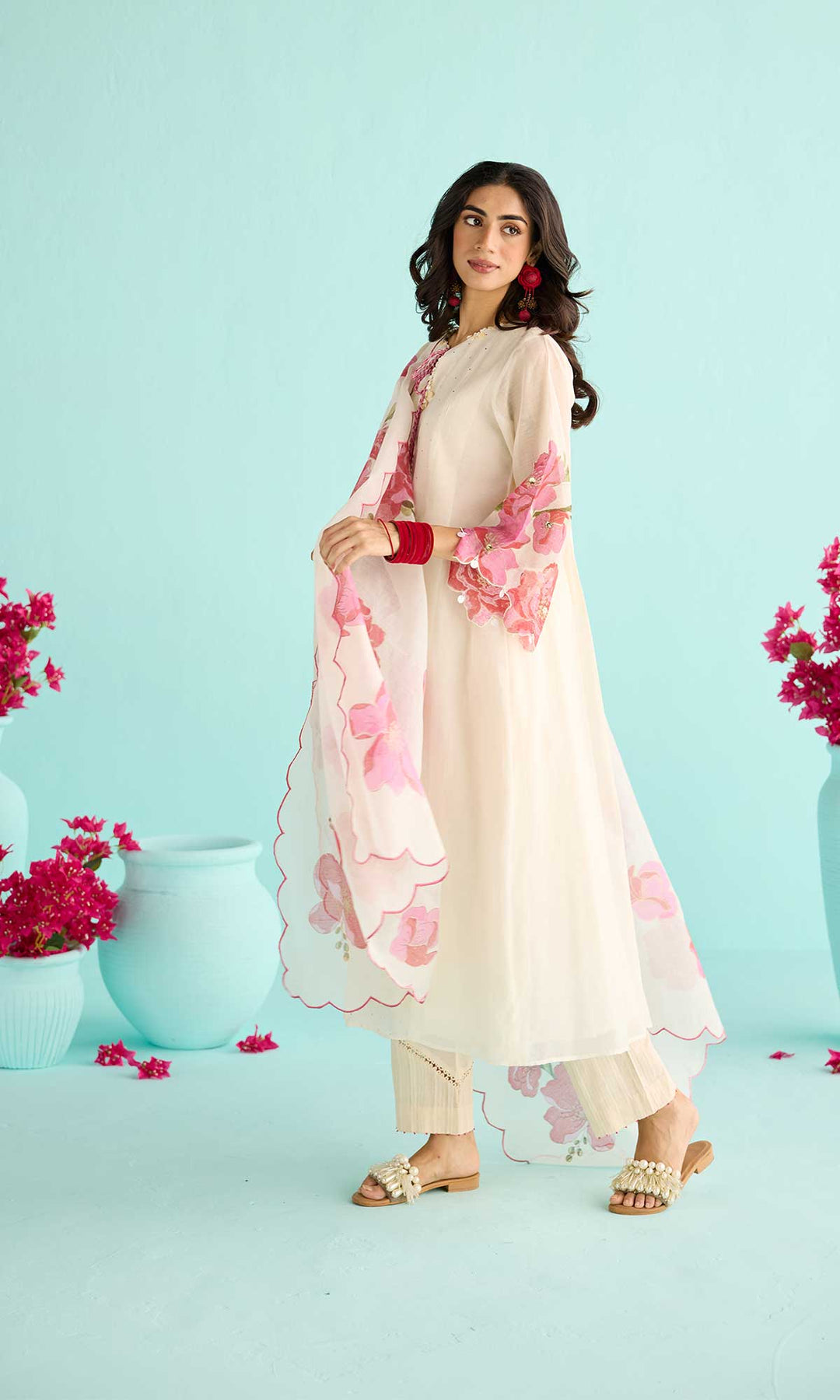 Zainab Set- Kora & Blue block printed chanderi kurta with pants and dupatta (set of 3)