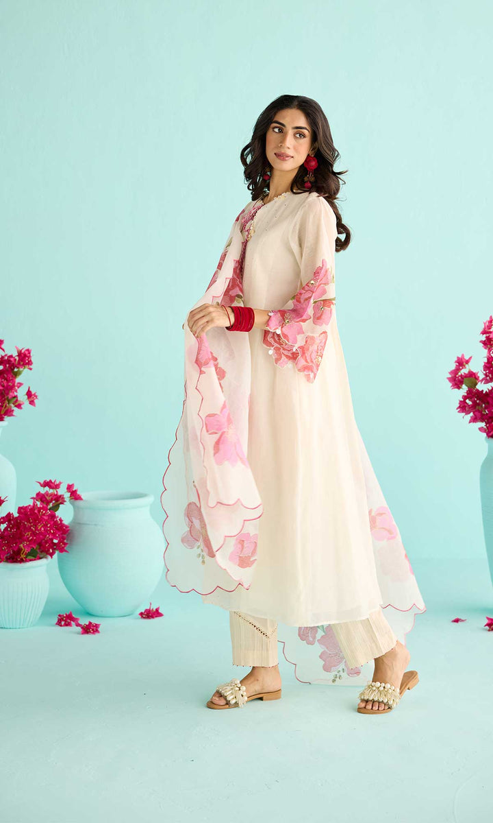 Zainab Set- Kora & Blue block printed chanderi kurta with pants and dupatta (set of 3)