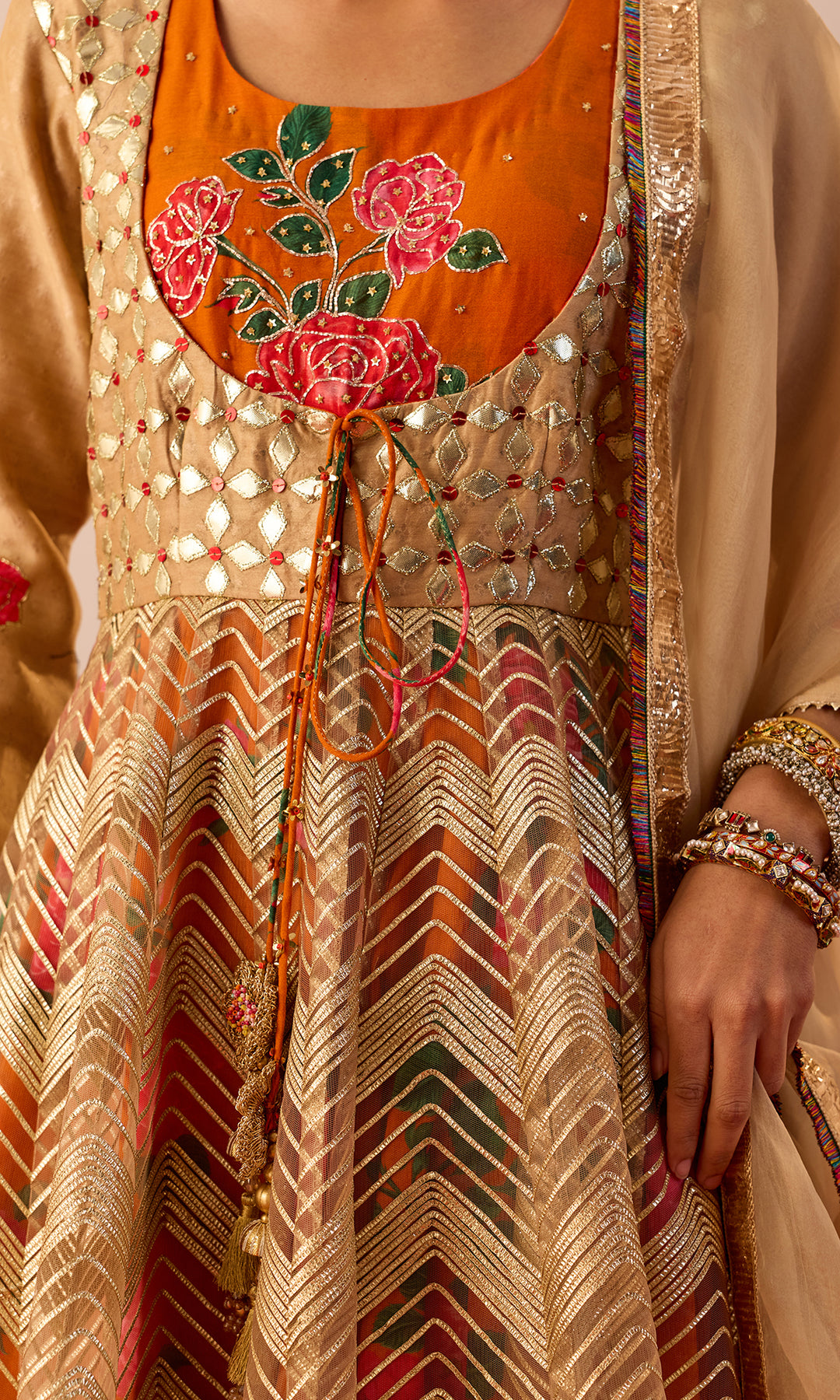 Setareh Set- Orange and Gold Gota Anarkali with Churidar and Dupatta (set of 3)