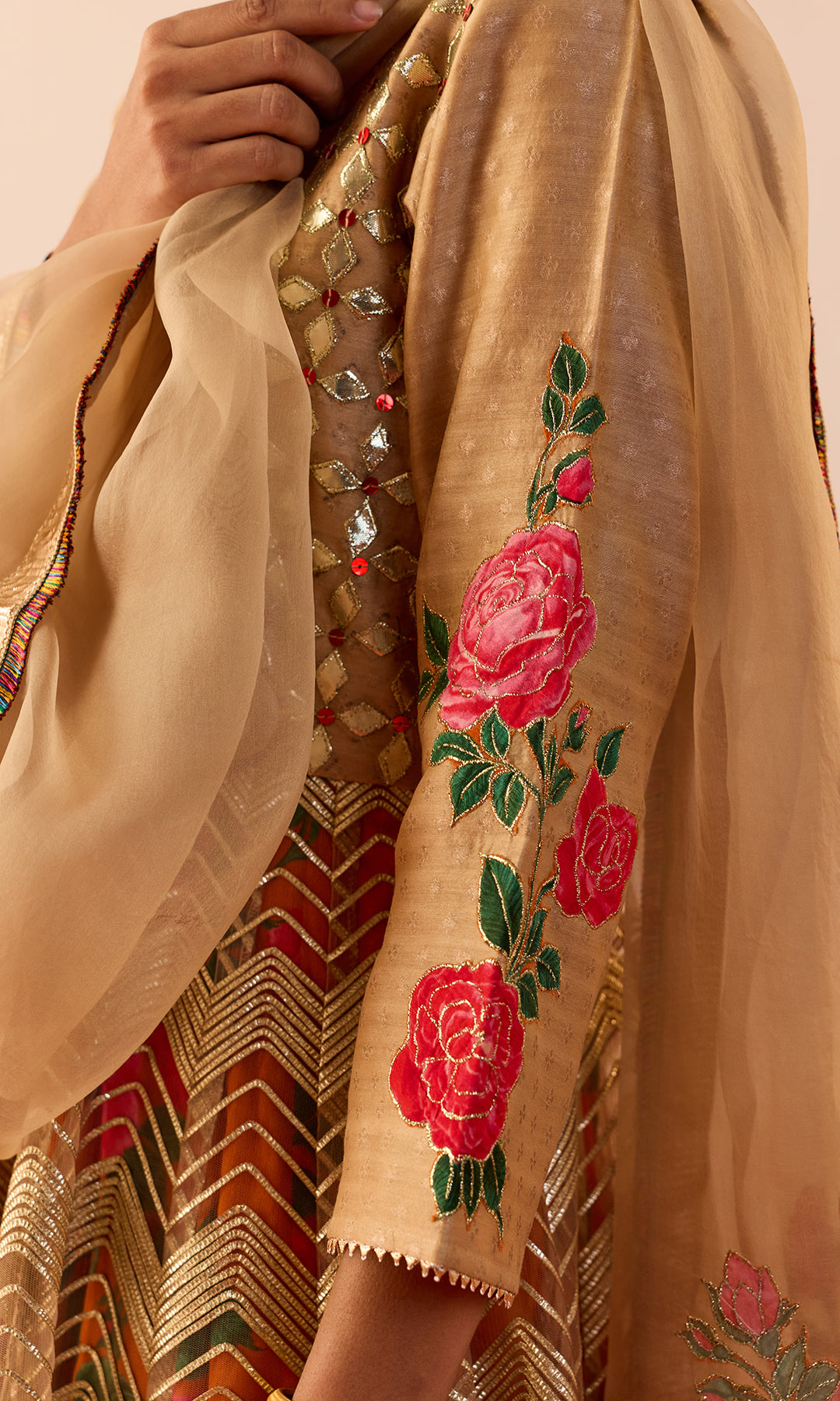 Setareh Set- Orange and Gold Gota Anarkali with Churidar and Dupatta (set of 3)