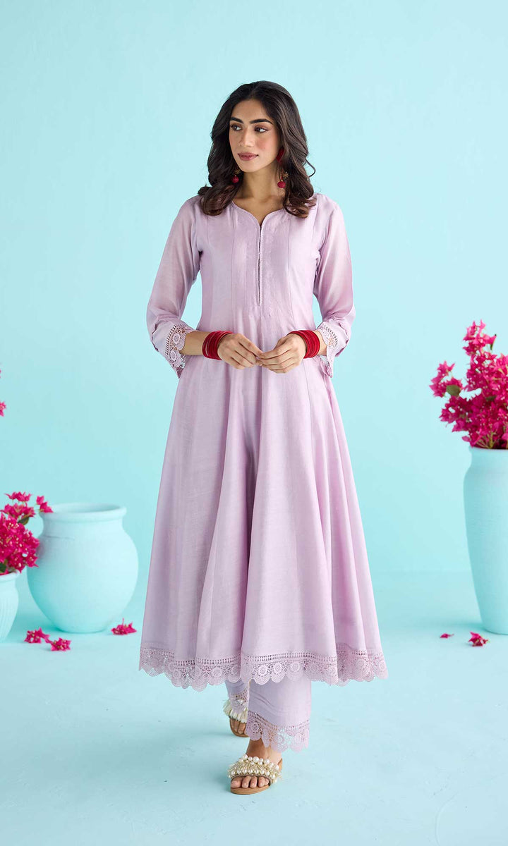 Nisah Set- Baby Blue chanderi anarkali with pants and block printed dupatta (set of 3)