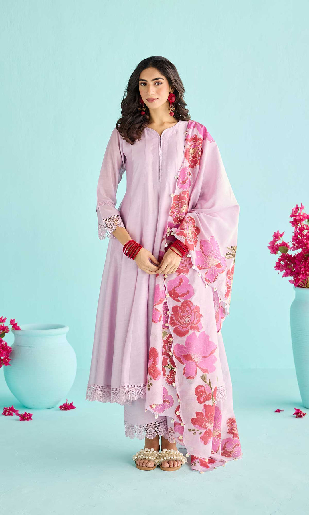 Nisah Set- Baby Blue chanderi anarkali with pants and block printed dupatta (set of 3)