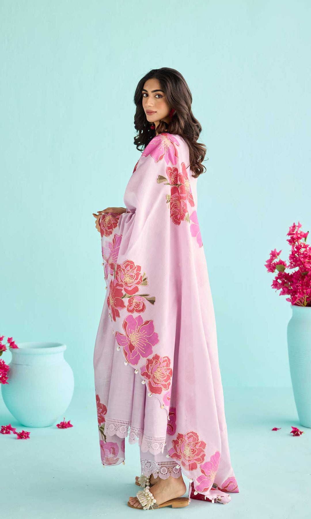 Nisah Set- Baby Blue chanderi anarkali with pants and block printed dupatta (set of 3)