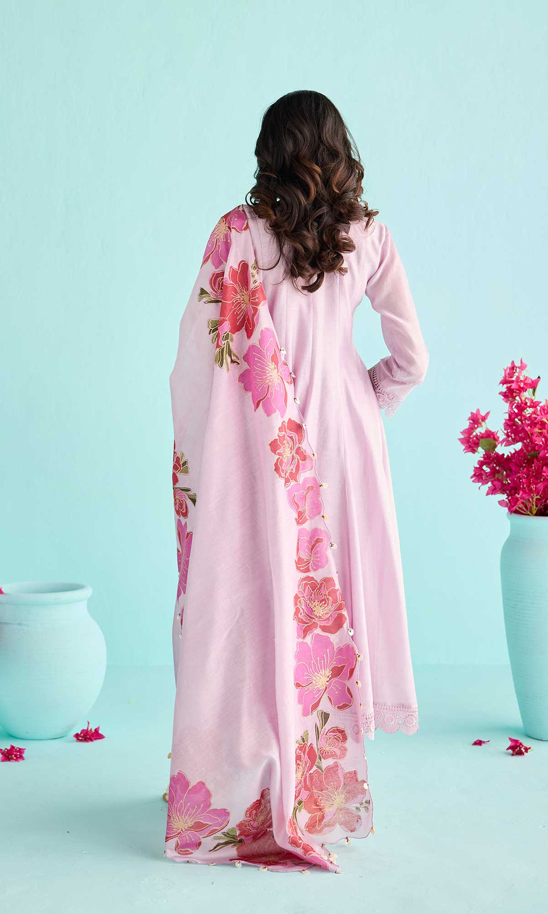 Nisah Set- Baby Blue chanderi anarkali with pants and block printed dupatta (set of 3)