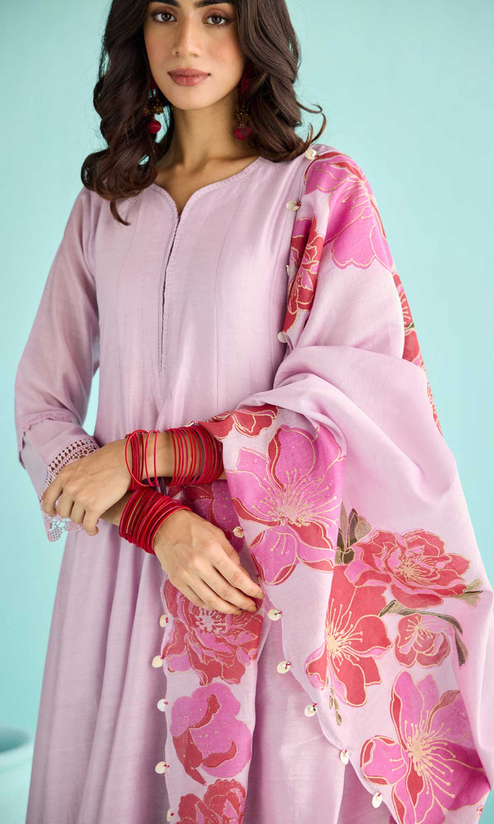 Nisah Set- Baby Blue chanderi anarkali with pants and block printed dupatta (set of 3)