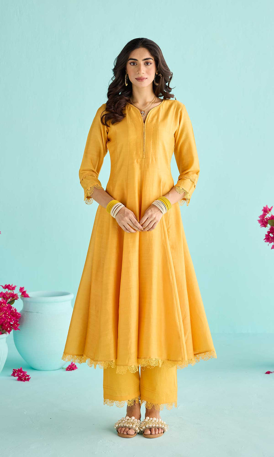 Nisah Set- Baby Blue chanderi anarkali with pants and block printed dupatta (set of 3)