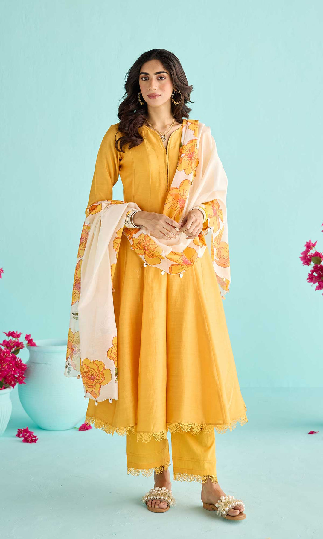 Nisah Set- Baby Blue chanderi anarkali with pants and block printed dupatta (set of 3)