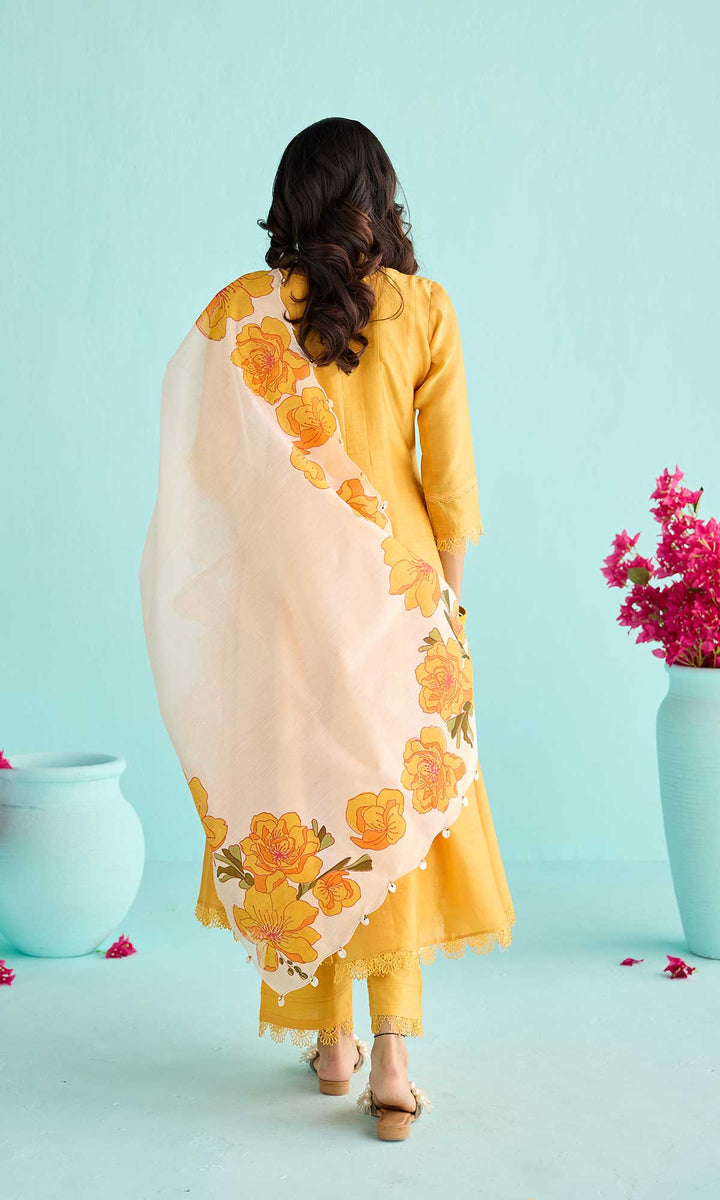 Nisah Set- Baby Blue chanderi anarkali with pants and block printed dupatta (set of 3)