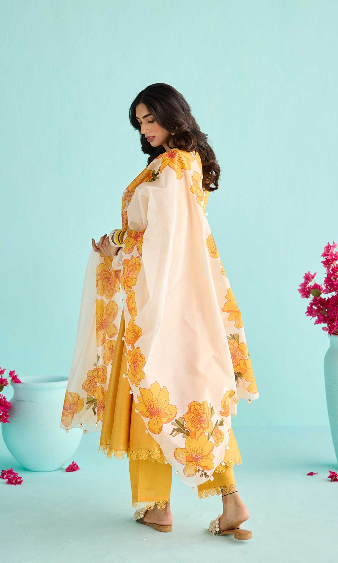Nisah Set- Baby Blue chanderi anarkali with pants and block printed dupatta (set of 3)