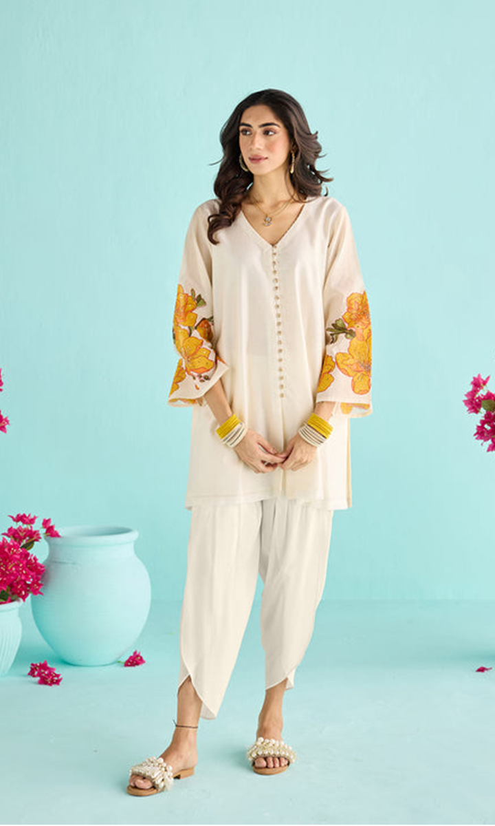 Ruhena Set- Kora chanderi block printed short kurta with dhoti (set of 2)