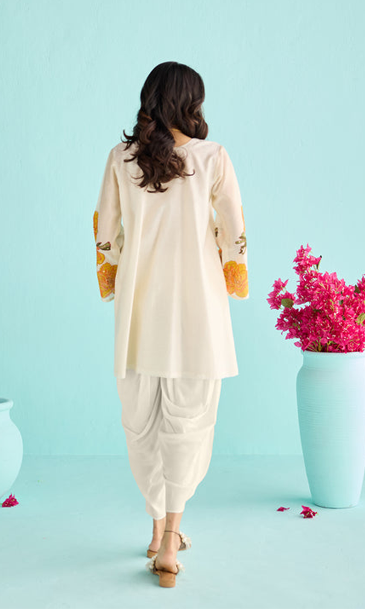 Ruhena Set- Kora chanderi block printed short kurta with dhoti (set of 2)