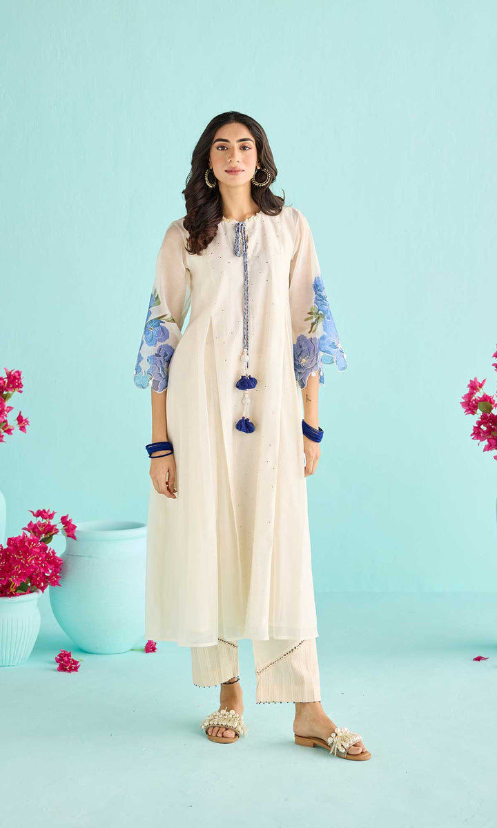 Zainab Set- Kora & Blue block printed chanderi kurta with pants and dupatta (set of 3)