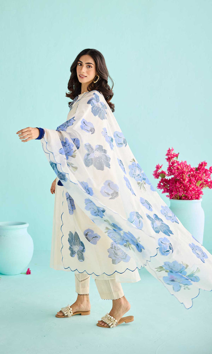 Zainab Set- Kora & Blue block printed chanderi kurta with pants and dupatta (set of 3)