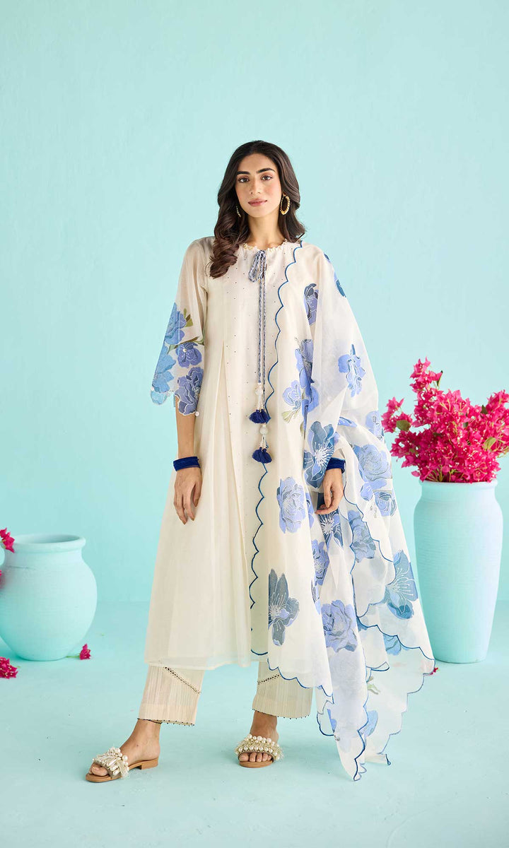 Zainab Set- Kora & Blue block printed chanderi kurta with pants and dupatta (set of 3)