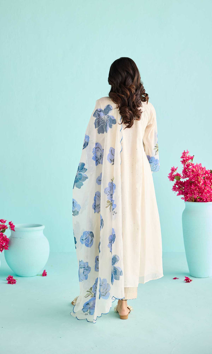 Zainab Set- Kora & Blue block printed chanderi kurta with pants and dupatta (set of 3)