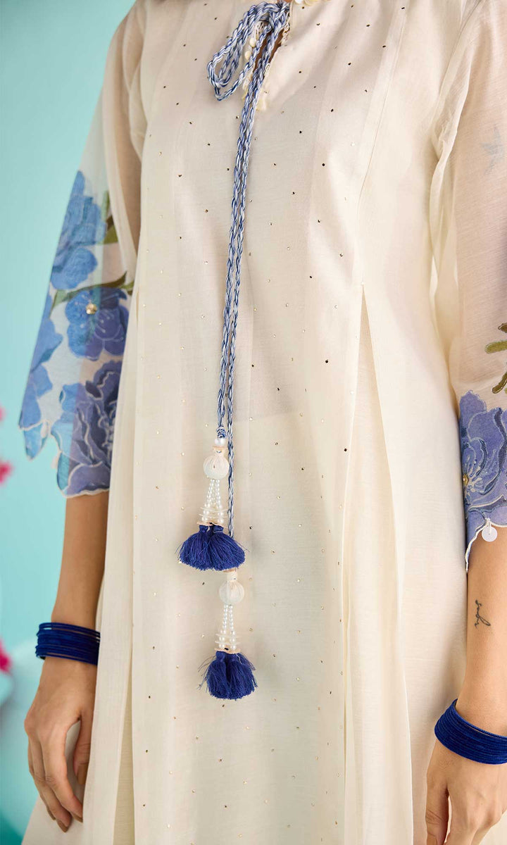 Zainab Set- Kora & Blue block printed chanderi kurta with pants and dupatta (set of 3)