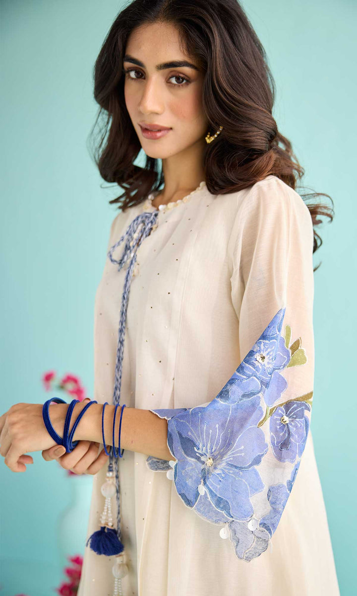 Zainab Set- Kora & Blue block printed chanderi kurta with pants and dupatta (set of 3)