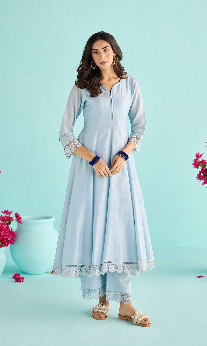 Nisah Set- Baby Blue chanderi anarkali with pants and block printed dupatta (set of 3)