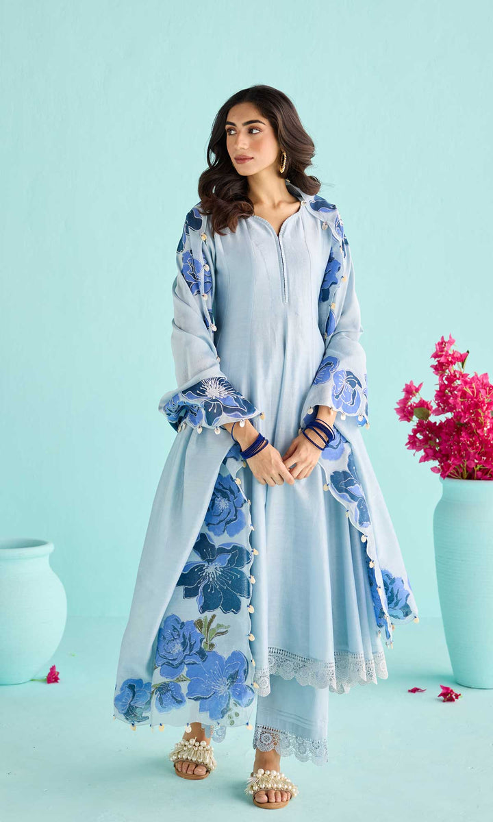 Nisah Set- Baby Blue chanderi anarkali with pants and block printed dupatta (set of 3)