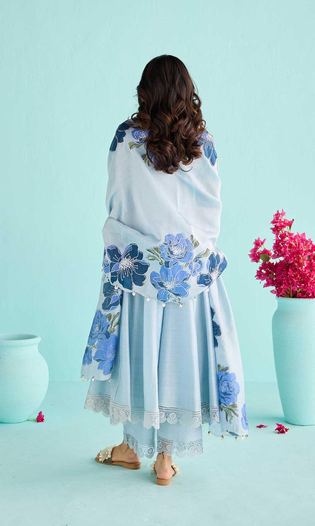 Nisah Set- Baby Blue chanderi anarkali with pants and block printed dupatta (set of 3)