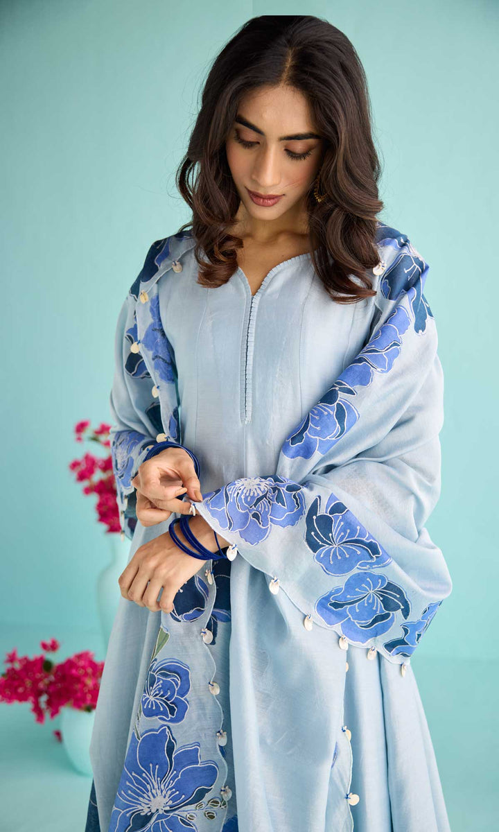 Nisah Set- Baby Blue chanderi anarkali with pants and block printed dupatta (set of 3)