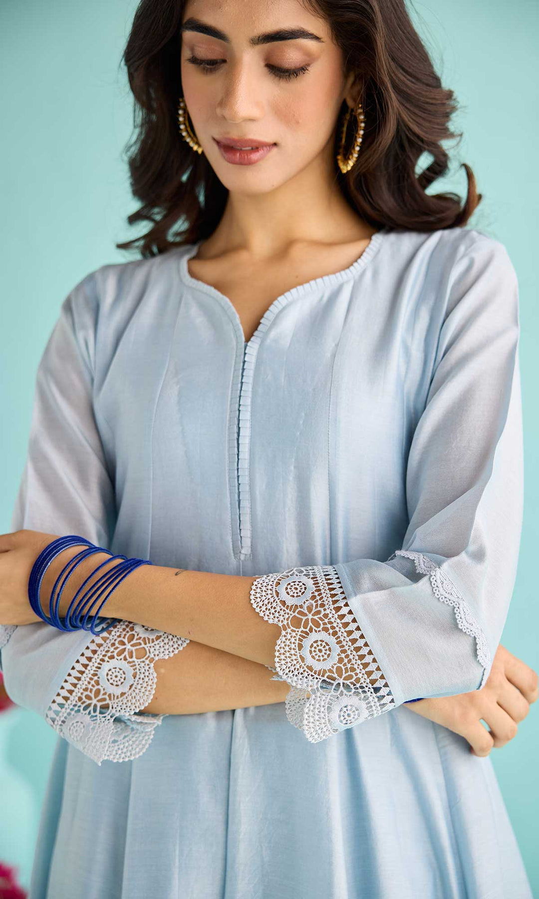 Nisah Set- Baby Blue chanderi anarkali with pants and block printed dupatta (set of 3)
