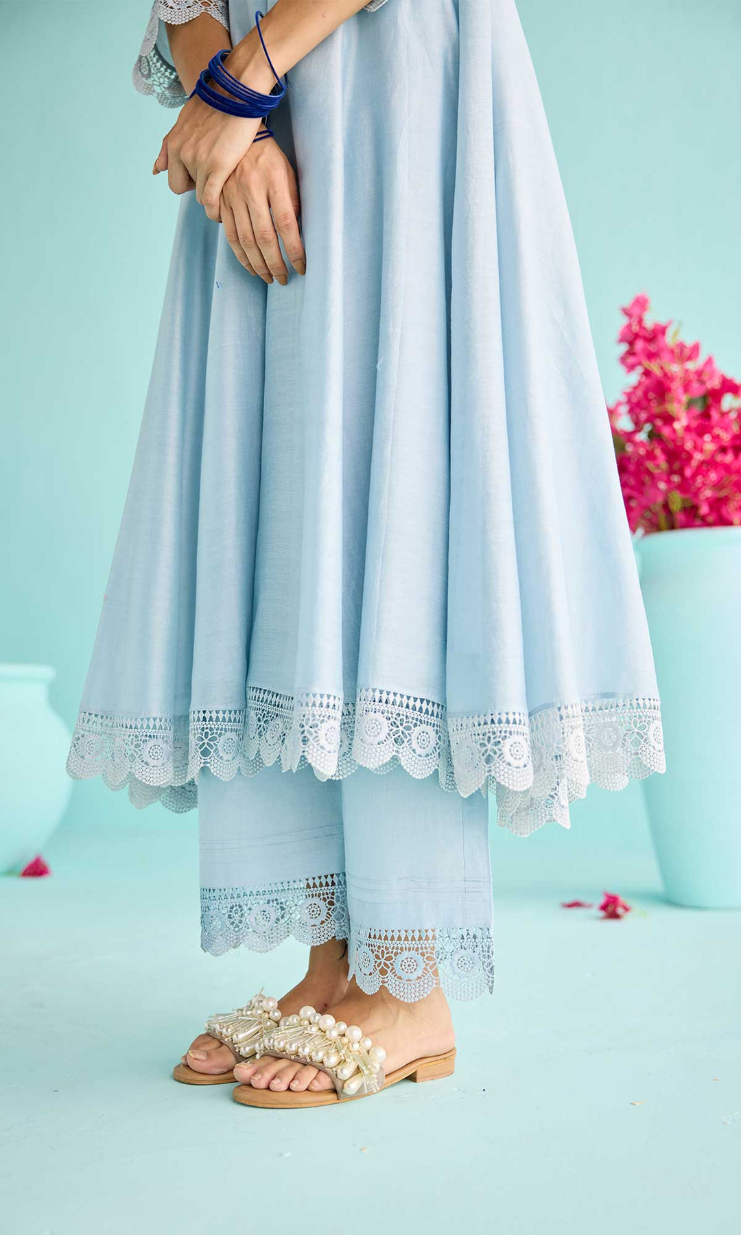 Nisah Set- Baby Blue chanderi anarkali with pants and block printed dupatta (set of 3)
