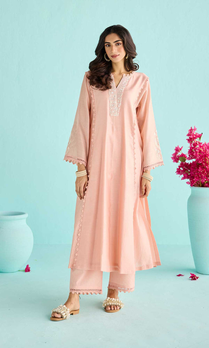 Rida Set- Dusty Peach chanderi hand embroidered kurta with pants and block printed dupatta (set of 3)