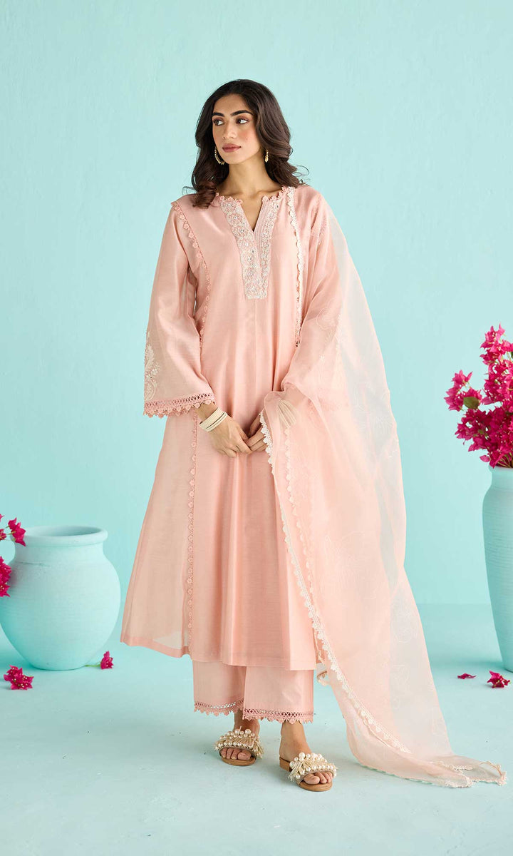 Rida Set- Dusty Peach chanderi hand embroidered kurta with pants and block printed dupatta (set of 3)
