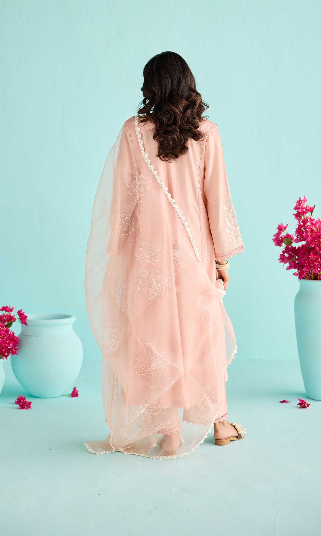 Rida Set- Dusty Peach chanderi hand embroidered kurta with pants and block printed dupatta (set of 3)
