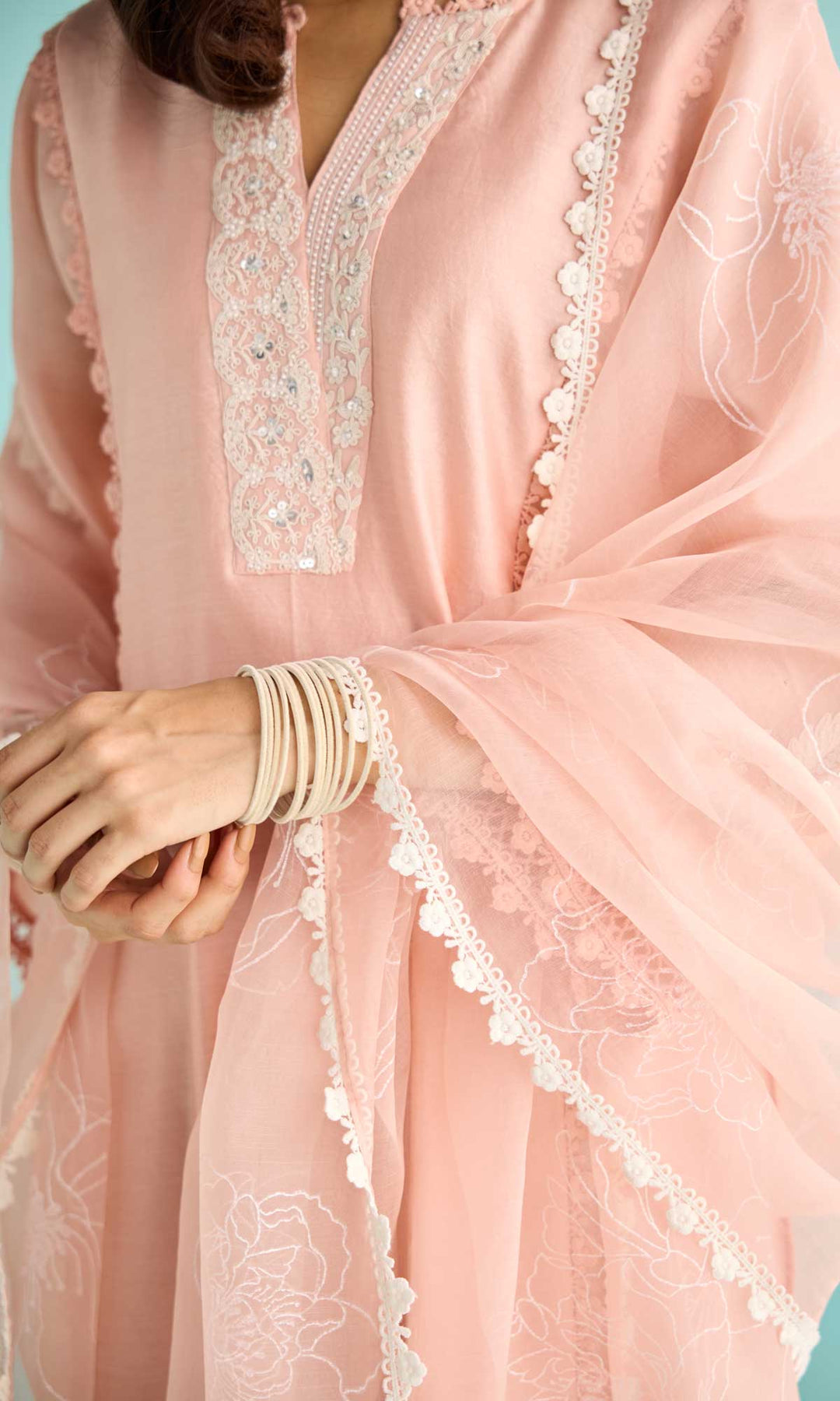 Rida Set- Dusty Peach chanderi hand embroidered kurta with pants and block printed dupatta (set of 3)