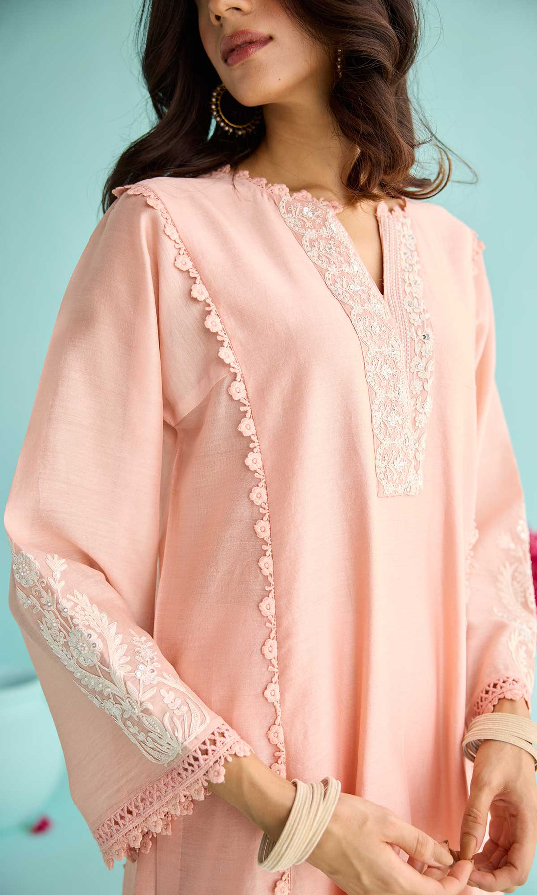 Rida Set- Dusty Peach chanderi hand embroidered kurta with pants and block printed dupatta (set of 3)
