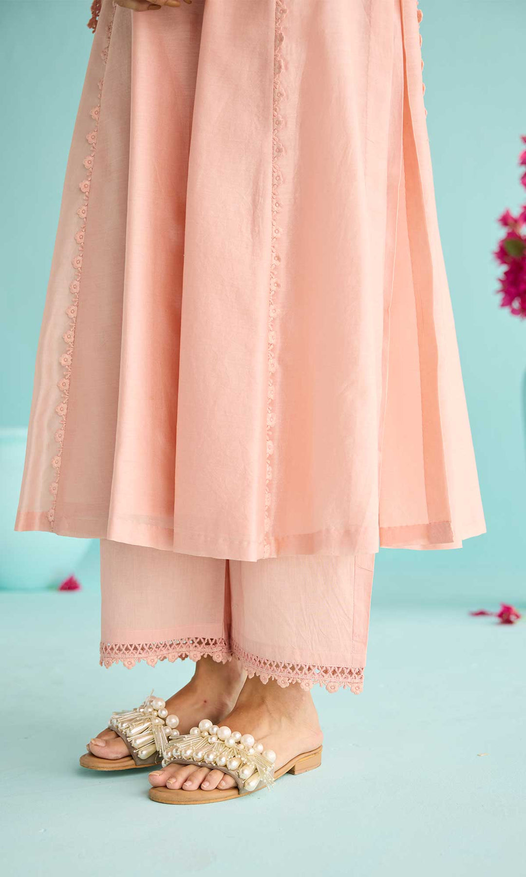 Rida Set- Dusty Peach chanderi hand embroidered kurta with pants and block printed dupatta (set of 3)