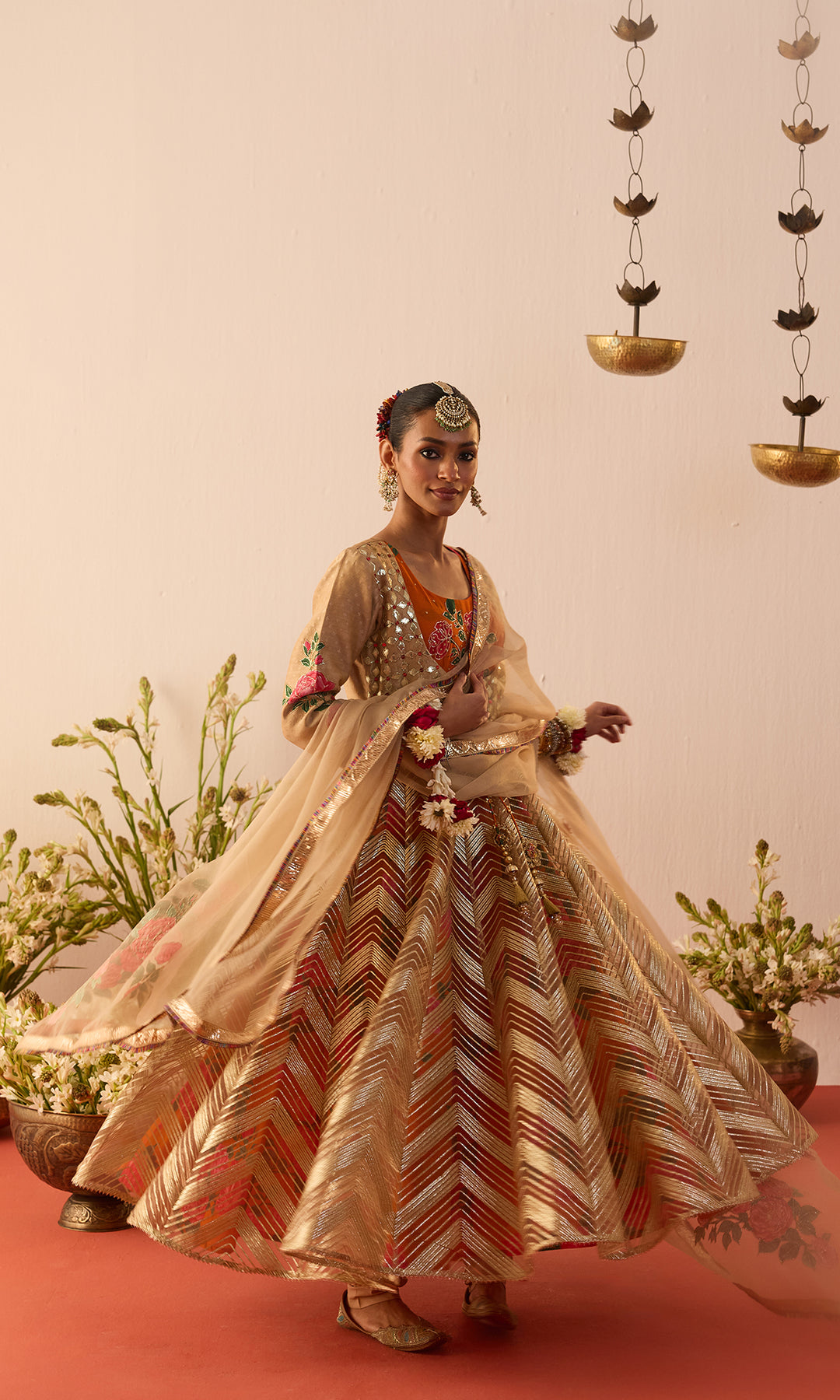 Setareh Set- Orange and Gold Gota Anarkali with Churidar and Dupatta (set of 3)