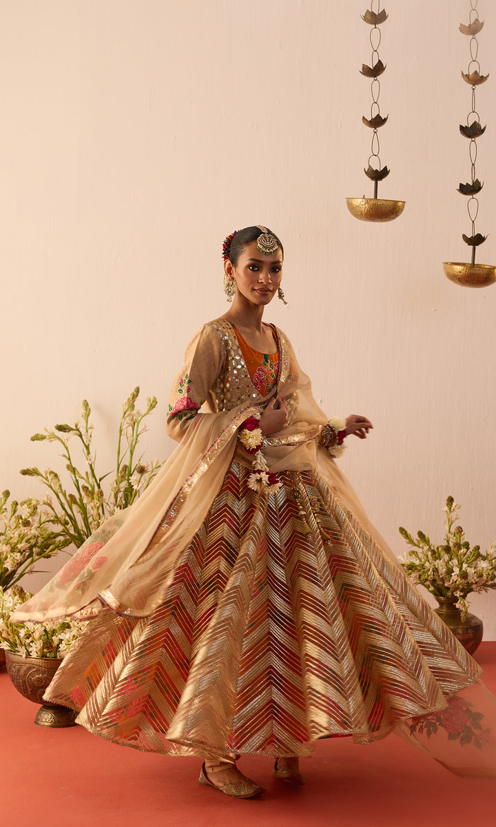 Setareh Set- Orange and Gold Gota Anarkali with Churidar and Dupatta (set of 3)