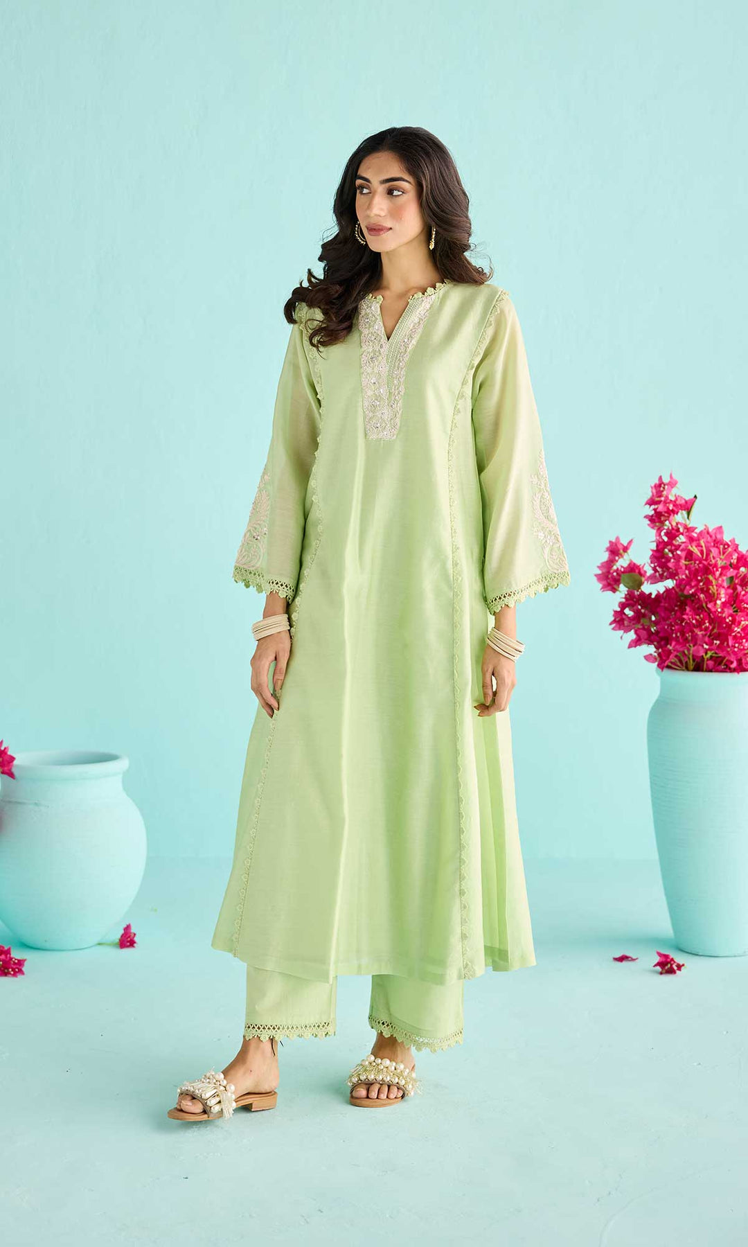 Rida Set- Dusty Peach chanderi hand embroidered kurta with pants and block printed dupatta (set of 3)
