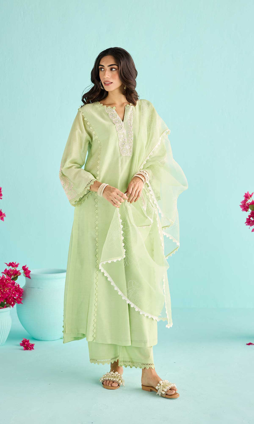 Rida Set- Dusty Peach chanderi hand embroidered kurta with pants and block printed dupatta (set of 3)