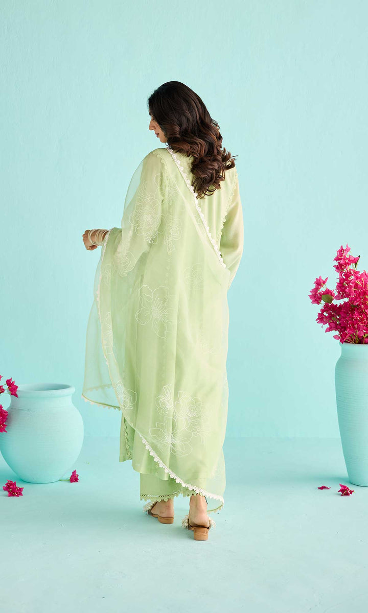 Rida Set- Dusty Peach chanderi hand embroidered kurta with pants and block printed dupatta (set of 3)