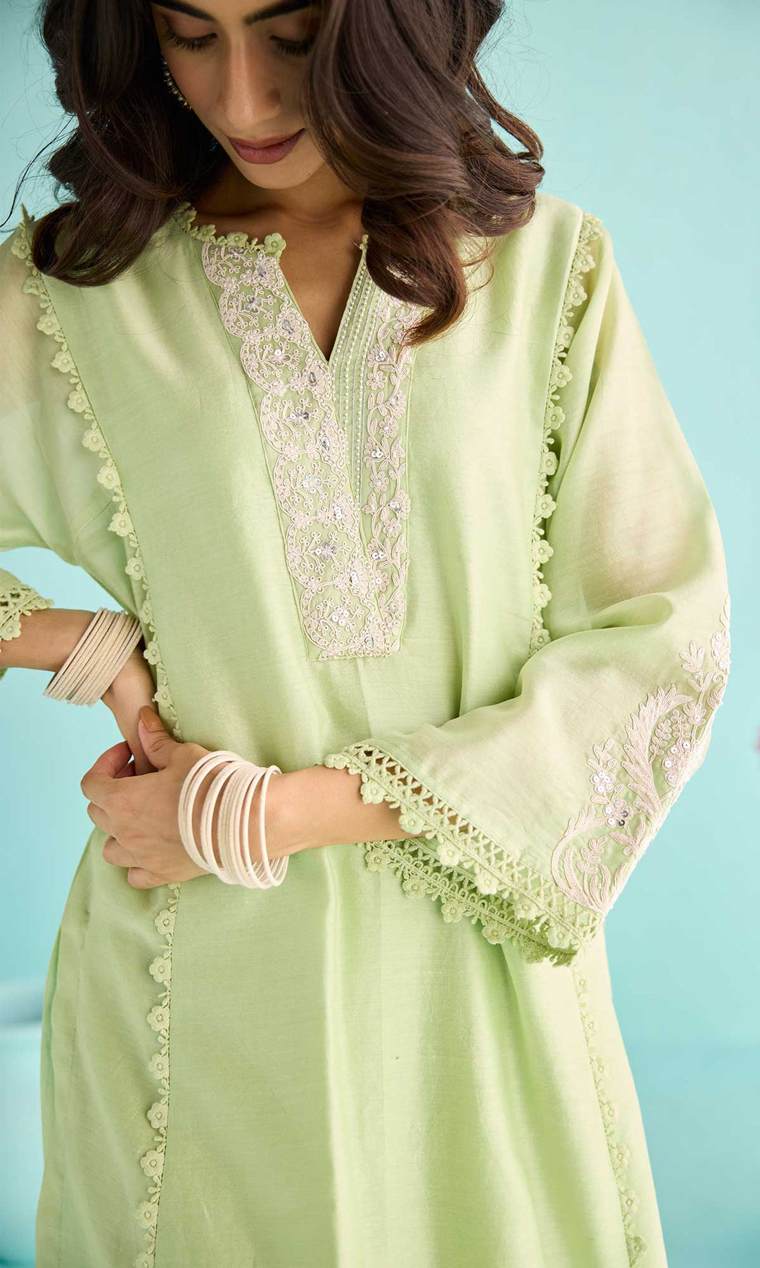 Rida Set- Dusty Peach chanderi hand embroidered kurta with pants and block printed dupatta (set of 3)