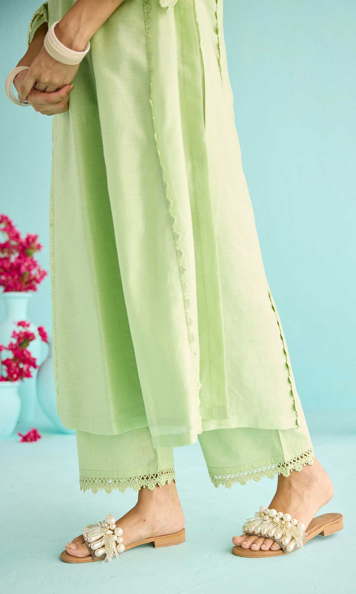 Rida Set- Dusty Peach chanderi hand embroidered kurta with pants and block printed dupatta (set of 3)