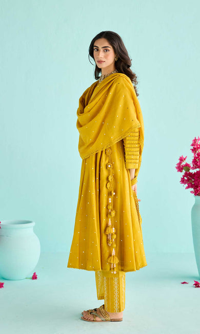 Aafrah Set- Mustard chanderi mukaish angrakha with pants and dupatta (set of 3)