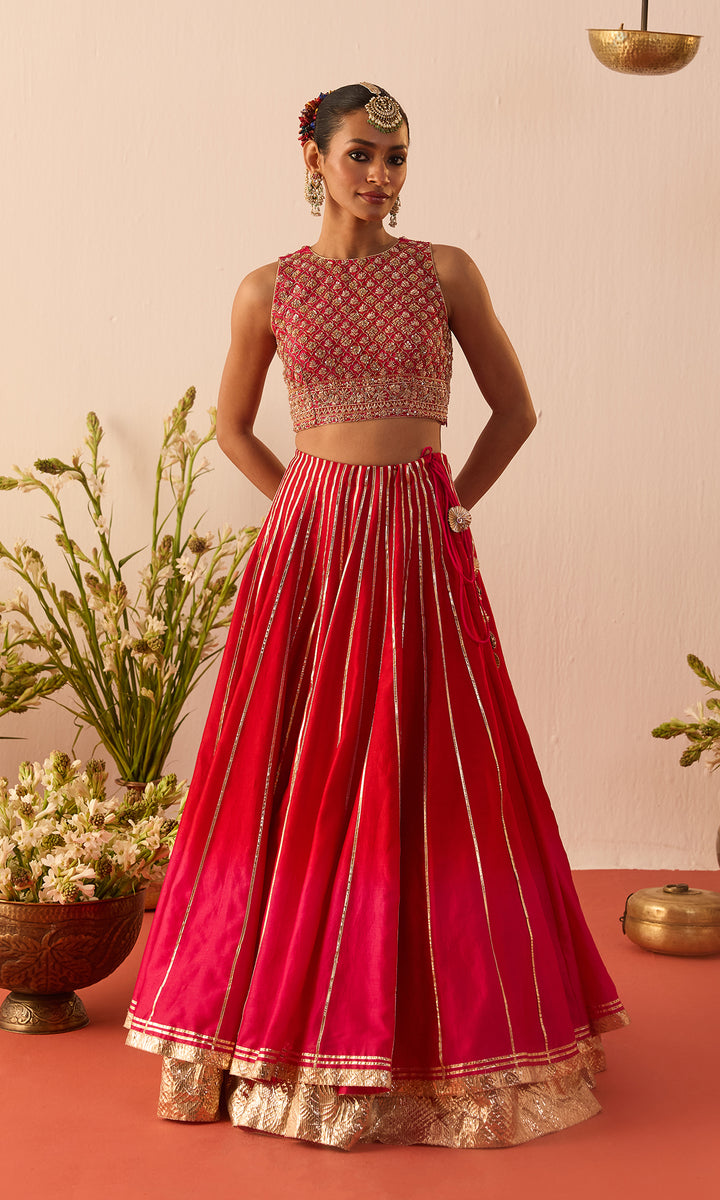 Arezoo- Magenta Chanderi Lehenga with Hand Embroidered Blouse and Organza Dupatta (set of 3)