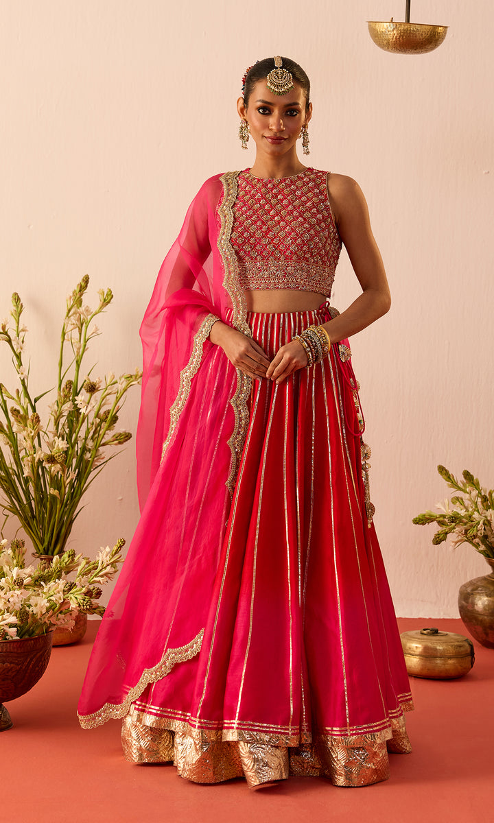 Arezoo- Magenta Chanderi Lehenga with Hand Embroidered Blouse and Organza Dupatta (set of 3)