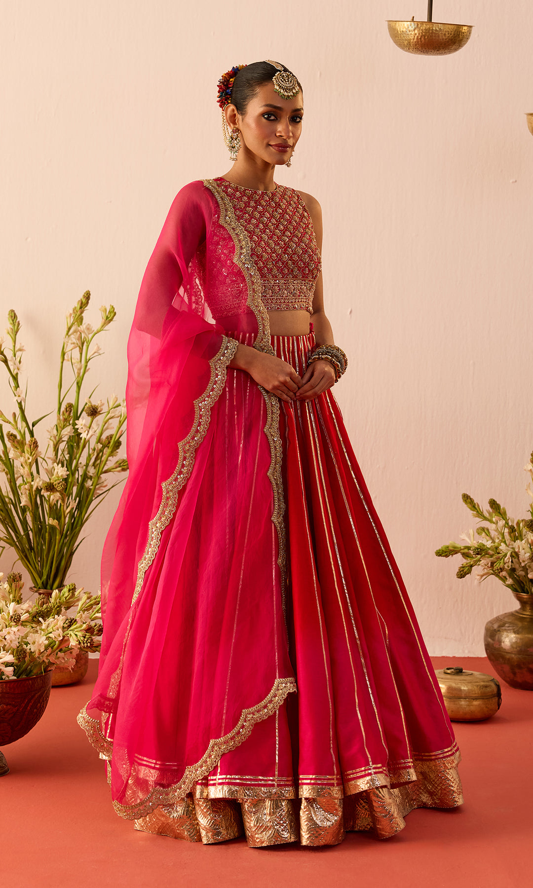 Arezoo- Magenta Chanderi Lehenga with Hand Embroidered Blouse and Organza Dupatta (set of 3)