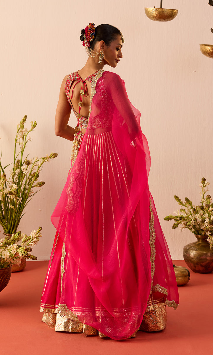 Arezoo- Magenta Chanderi Lehenga with Hand Embroidered Blouse and Organza Dupatta (set of 3)